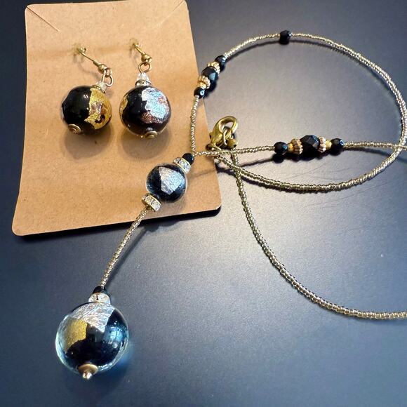 Murano Glass Black Silver Gold Foil Beaded Earrings Necklace - Picture 3 of 9